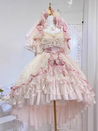 スイートバレエ姫ウェディングロリータドレス リボンフリル ピンクロリータドレス トレーン付き