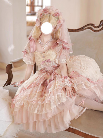 スイートバレエ姫ウェディングロリータドレス リボンフリル ピンクロリータドレス トレーン付き