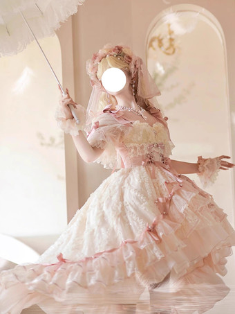 スイートバレエ姫ウェディングロリータドレス リボンフリル ピンクロリータドレス トレーン付き