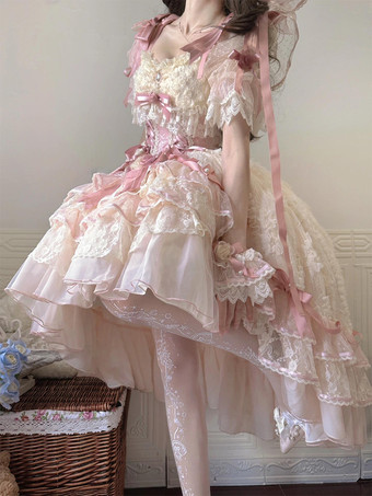 スイートバレエ姫ウェディングロリータドレス リボンフリル ピンクロリータドレス トレーン付き