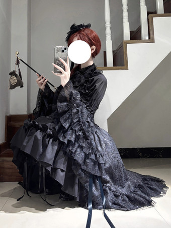 ゴシックロリータスカート フリル ブラック ホワイト スカート カマーバンド付き