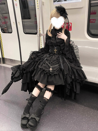 ゴシックロリータスカート フリル ブラック ホワイト スカート カマーバンド付き