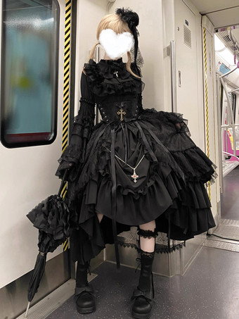 ゴシックロリータスカート フリル ブラック ホワイト スカート カマーバンド付き