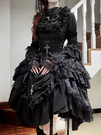 ブラック ゴシックロリータスカート フリル ブラック ホワイト スカート カマーバンド付き