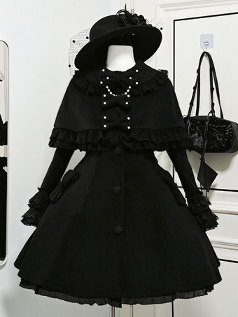 ブラック スイートロリータコート ブラック リボン オーバーコート 長袖 秋冬 ロリータコート ケープ付き