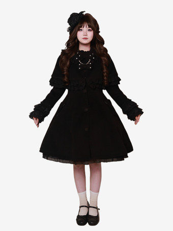 スイートロリータコート ブラック リボン オーバーコート 長袖 秋冬 ロリータコート ケープ付き