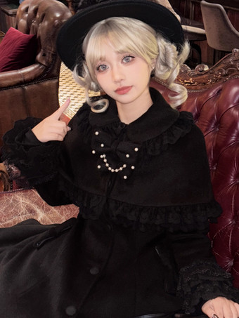 スイートロリータコート ブラック リボン オーバーコート 長袖 秋冬 ロリータコート ケープ付き