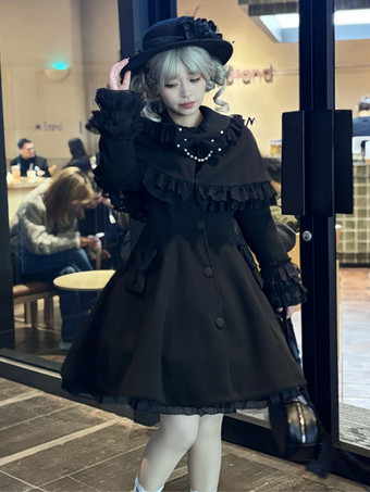 スイートロリータコート ブラック リボン オーバーコート 長袖 秋冬 ロリータコート ケープ付き