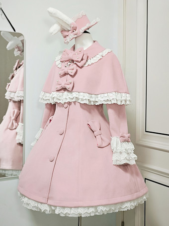 ピンクスイートロリータコート ブラック リボン オーバーコート 長袖 秋冬 ロリータコート ケープ付き