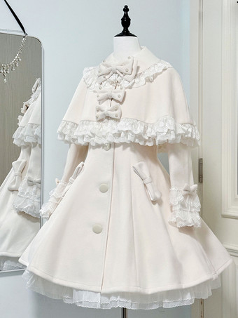 ホワイト スイートロリータコート ブラック リボン オーバーコート 長袖 秋冬 ロリータコート ケープ付き