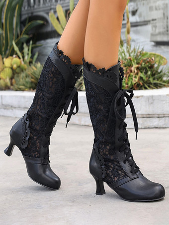 Classic Lace Lolita Boots PU Leather Round Toe Black Lolita Shoes