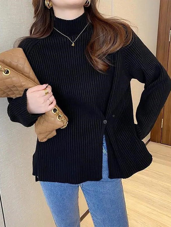 ブラック カジュアル ハイカラー エクリュ ホワイト 長袖 ロースリット ボタン トップス ニットトップス レディース ファッション