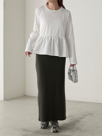 シックなジュエルネックホワイトロングスリーブプリーツパールトップTシャツトップスレディースファッション