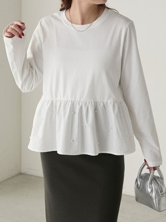 シックなジュエルネックホワイトロングスリーブプリーツパールトップTシャツトップスレディースファッション