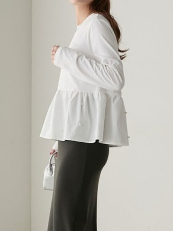 シックなジュエルネックホワイトロングスリーブプリーツパールトップTシャツトップスレディースファッション