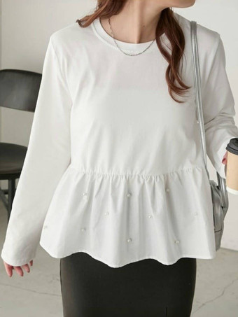 ホワイト シックなジュエルネックホワイトロングスリーブプリーツパールトップTシャツトップスレディースファッション