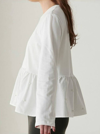 シックなジュエルネックホワイトロングスリーブプリーツパールトップTシャツトップスレディースファッション