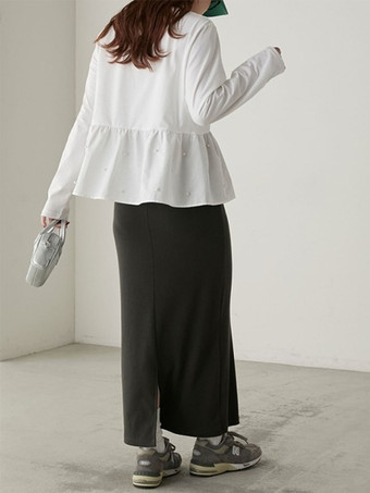 シックなジュエルネックホワイトロングスリーブプリーツパールトップTシャツトップスレディースファッション