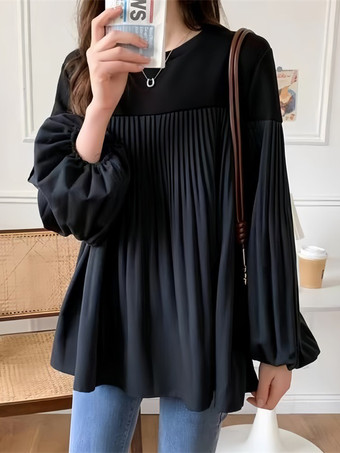 ブラック シックなジュエルネック、ランタンスリーブ、グレーの長袖、カラーブロック、プリーツトップ、シャツ、ブラウス、トップス、レディースファッション