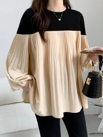 シックなジュエルネック、ランタンスリーブ、グレーの長袖、カラーブロック、プリーツトップ、シャツ、ブラウス、トップス、レディースファッション