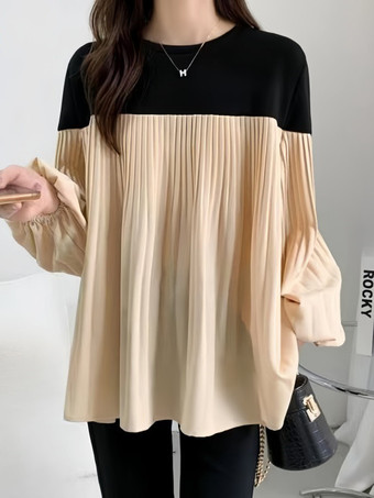 アプリコットシックなジュエルネック、ランタンスリーブ、グレーの長袖、カラーブロック、プリーツトップ、シャツ、ブラウス、トップス、レディースファッション