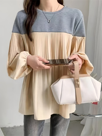 グレイシックなジュエルネック、ランタンスリーブ、グレーの長袖、カラーブロック、プリーツトップ、シャツ、ブラウス、トップス、レディースファッション