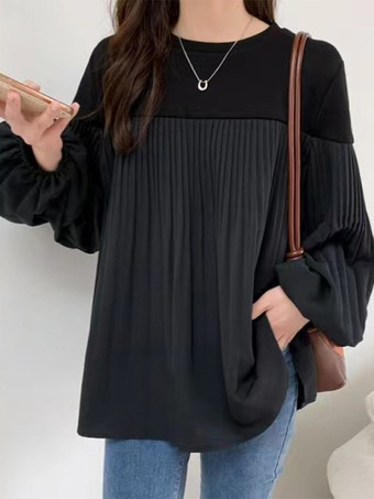 シックなジュエルネック、ランタンスリーブ、グレーの長袖、カラーブロック、プリーツトップ、シャツ、ブラウス、トップス、レディースファッション