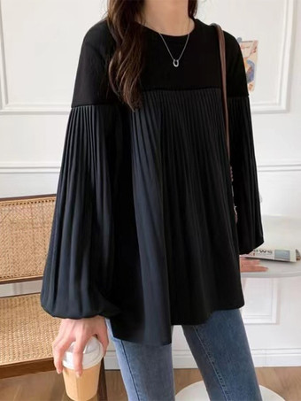 シックなジュエルネック、ランタンスリーブ、グレーの長袖、カラーブロック、プリーツトップ、シャツ、ブラウス、トップス、レディースファッション