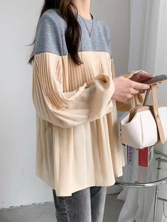 シックなジュエルネック、ランタンスリーブ、グレーの長袖、カラーブロック、プリーツトップ、シャツ、ブラウス、トップス、レディースファッション