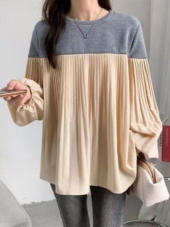 シックなジュエルネック、ランタンスリーブ、グレーの長袖、カラーブロック、プリーツトップ、シャツ、ブラウス、トップス、レディースファッション