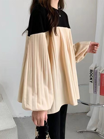 シックなジュエルネック、ランタンスリーブ、グレーの長袖、カラーブロック、プリーツトップ、シャツ、ブラウス、トップス、レディースファッション