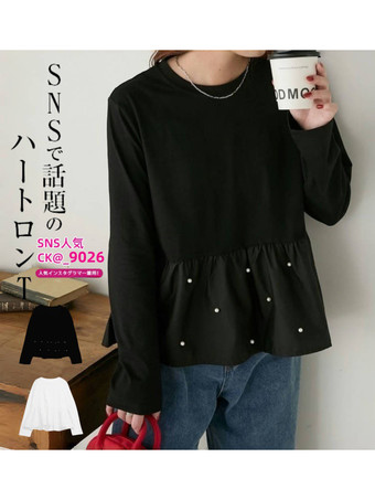 シックなジュエルネックホワイトロングスリーブプリーツパールトップTシャツトップスレディースファッション