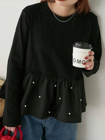 ブラック シックなジュエルネックホワイトロングスリーブプリーツパールトップTシャツトップスレディースファッション