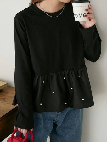 シックなジュエルネックホワイトロングスリーブプリーツパールトップTシャツトップスレディースファッション