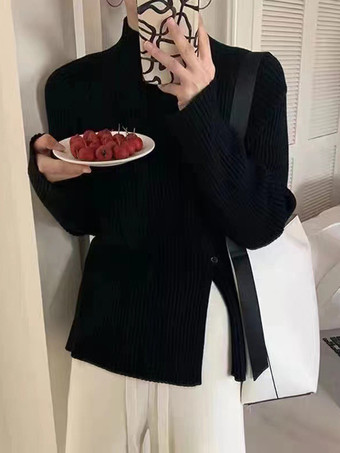 カジュアル ハイカラー エクリュ ホワイト 長袖 ロースリット ボタン トップス ニットトップス レディース ファッション