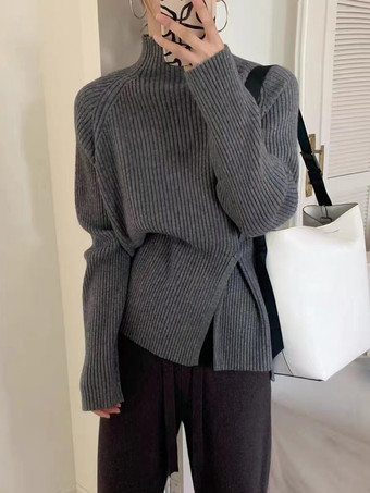 カジュアル ハイカラー エクリュ ホワイト 長袖 ロースリット ボタン トップス ニットトップス レディース ファッション