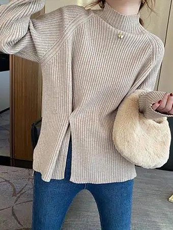 カジュアル ハイカラー エクリュ ホワイト 長袖 ロースリット ボタン トップス ニットトップス レディース ファッション