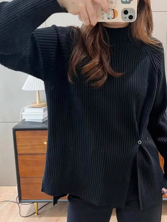 カジュアル ハイカラー エクリュ ホワイト 長袖 ロースリット ボタン トップス ニットトップス レディース ファッション