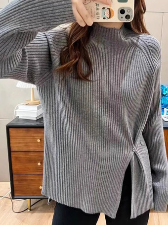 カジュアル ハイカラー エクリュ ホワイト 長袖 ロースリット ボタン トップス ニットトップス レディース ファッション