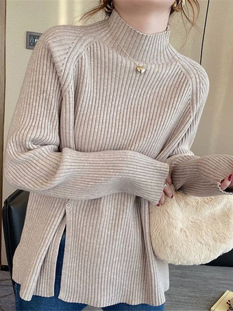 カーキ カジュアル ハイカラー エクリュ ホワイト 長袖 ロースリット ボタン トップス ニットトップス レディース ファッション