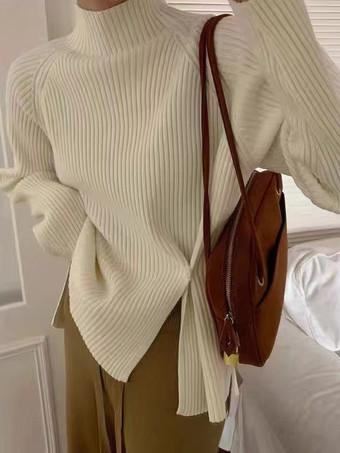 アプリコットカジュアル ハイカラー エクリュ ホワイト 長袖 ロースリット ボタン トップス ニットトップス レディース ファッション