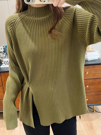 オリーブ カジュアル ハイカラー エクリュ ホワイト 長袖 ロースリット ボタン トップス ニットトップス レディース ファッション