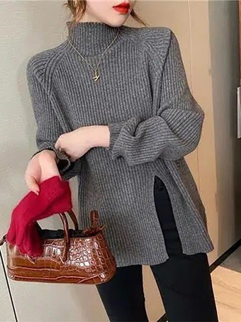 グレイカジュアル ハイカラー エクリュ ホワイト 長袖 ロースリット ボタン トップス ニットトップス レディース ファッション