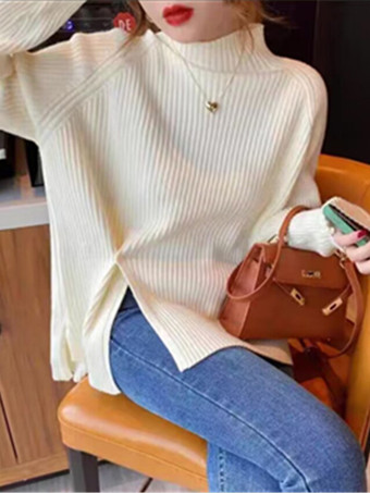 アイボリー カジュアル ハイカラー エクリュ ホワイト 長袖 ロースリット ボタン トップス ニットトップス レディース ファッション