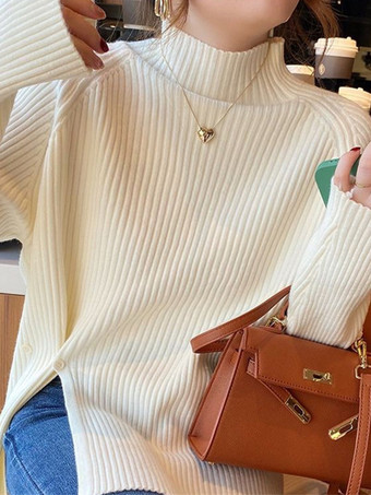 カジュアル ハイカラー エクリュ ホワイト 長袖 ロースリット ボタン トップス ニットトップス レディース ファッション