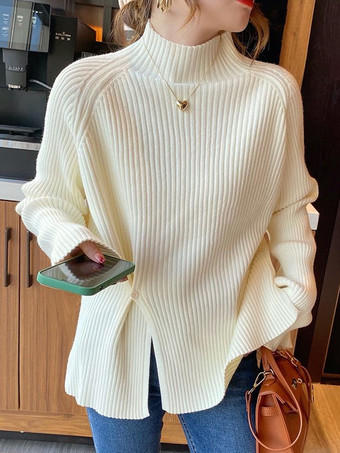 カジュアル ハイカラー エクリュ ホワイト 長袖 ロースリット ボタン トップス ニットトップス レディース ファッション