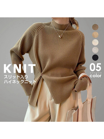 カジュアル ハイカラー エクリュ ホワイト 長袖 ロースリット ボタン トップス ニットトップス レディース ファッション