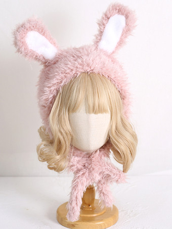 RosaGorro Lolita Dulce Orejas de Conejo Rosadas Accesorios Cálidos de Felpa