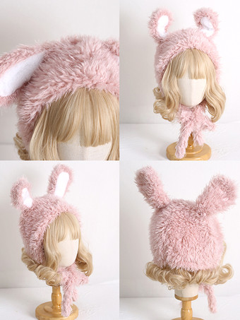 Gorro Lolita Dulce Orejas de Conejo Rosadas Accesorios Cálidos de Felpa