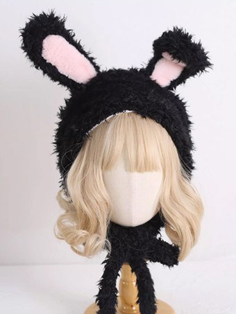 negro Gorro Lolita Dulce Orejas de Conejo Rosadas Accesorios Cálidos de Felpa